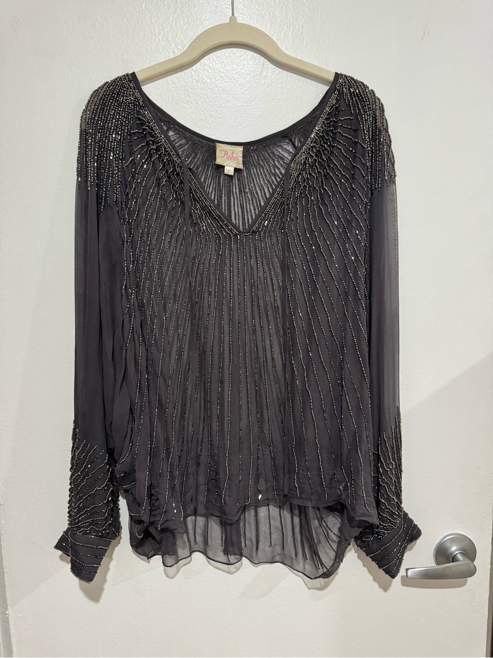 Parker Grey Beaded V-Neck Sheer Blouse - Grey